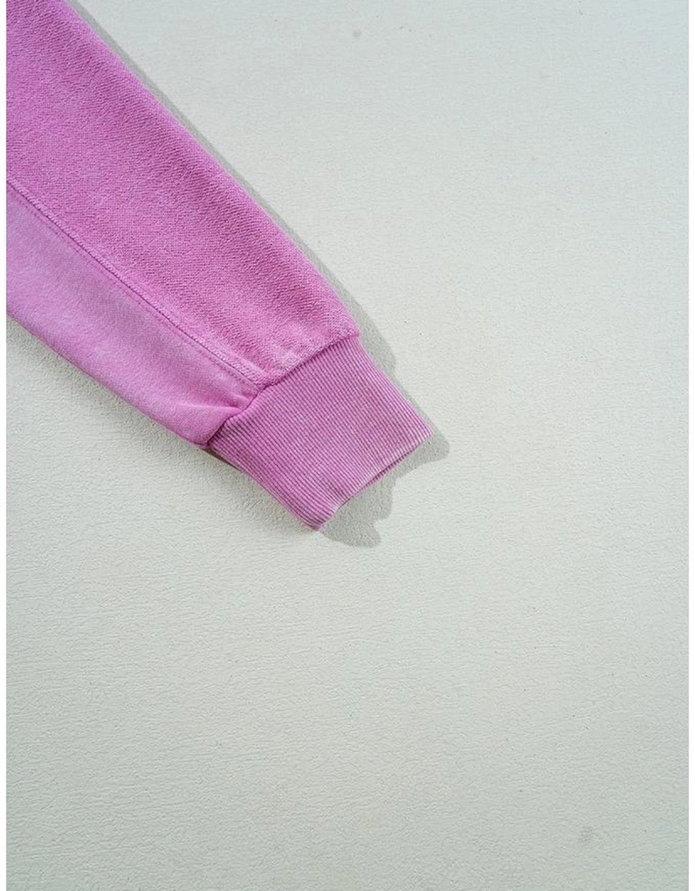 Bright Pink Solid Color Notched Neck Drop Shoulder Sweatshirt