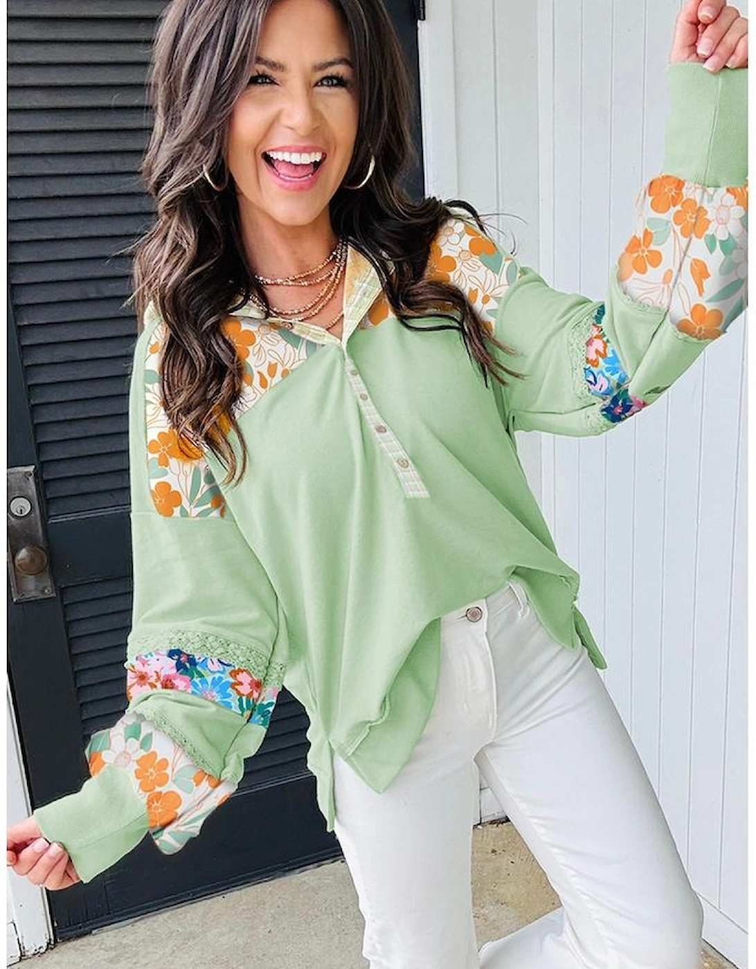Clearly Aqua Lace Floral Patchwork Half Button Hooded Pullover