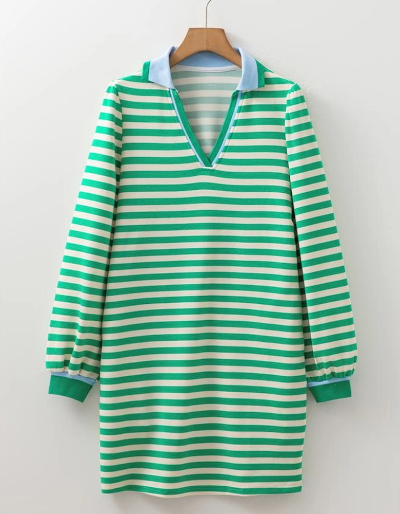Green Striped Contrast Collar Split Neck Long Sleeve Mini Dress
