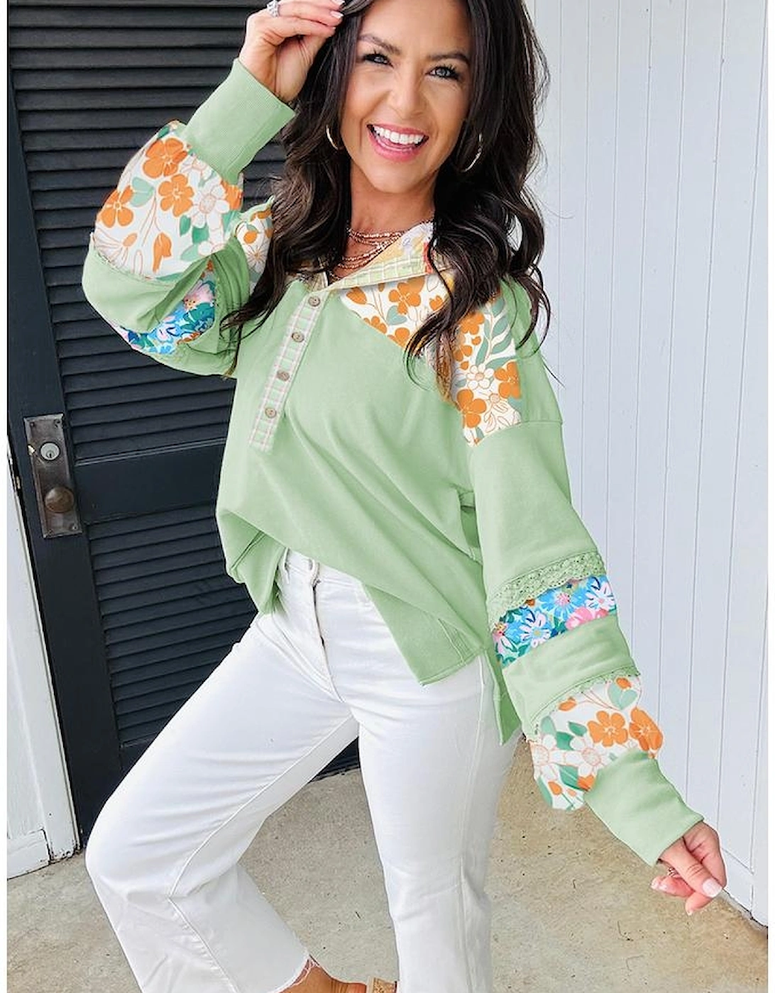 Clearly Aqua Lace Floral Patchwork Half Button Hooded Pullover