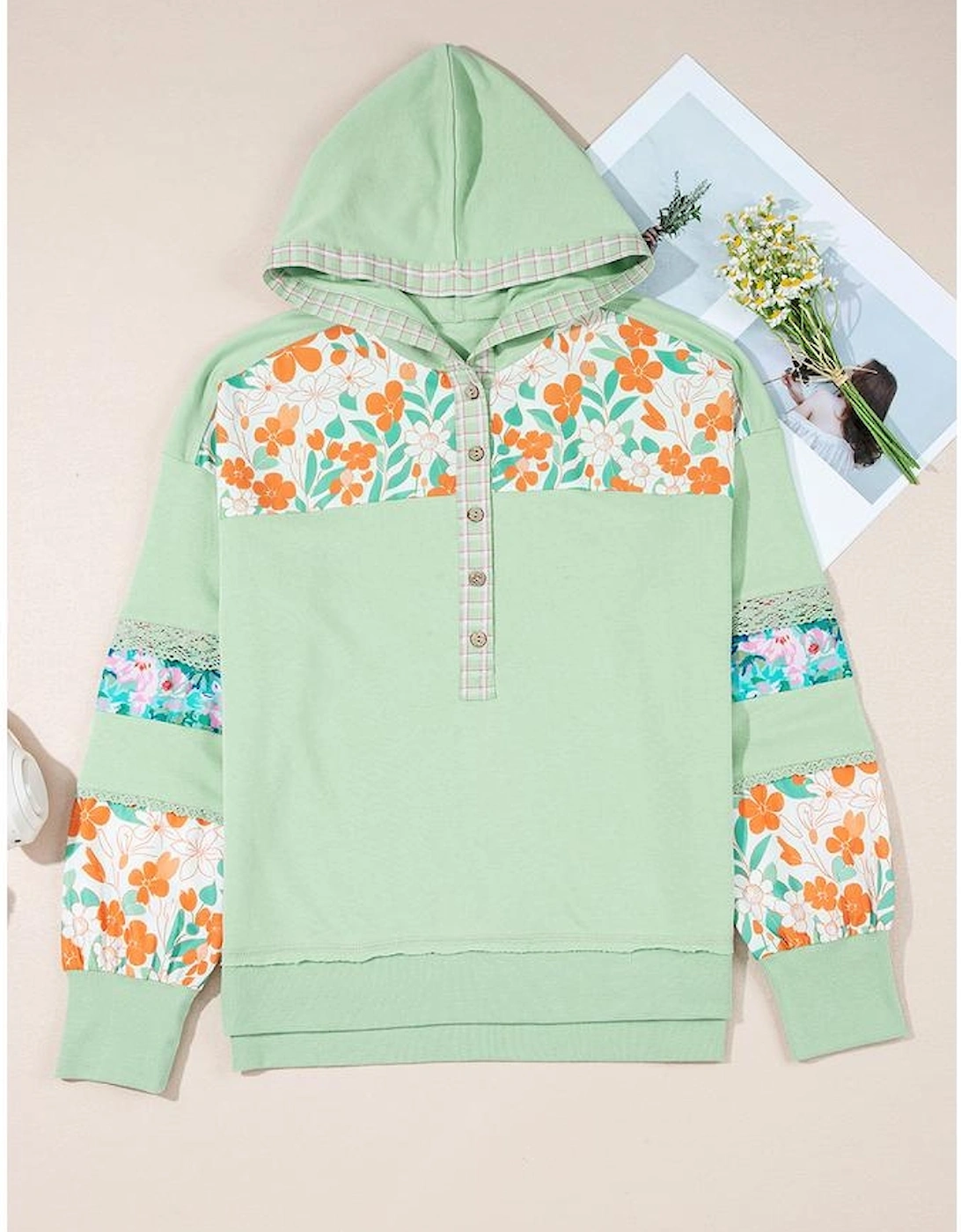 Clearly Aqua Lace Floral Patchwork Half Button Hooded Pullover