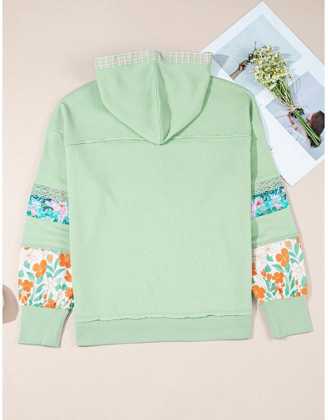 Clearly Aqua Lace Floral Patchwork Half Button Hooded Pullover