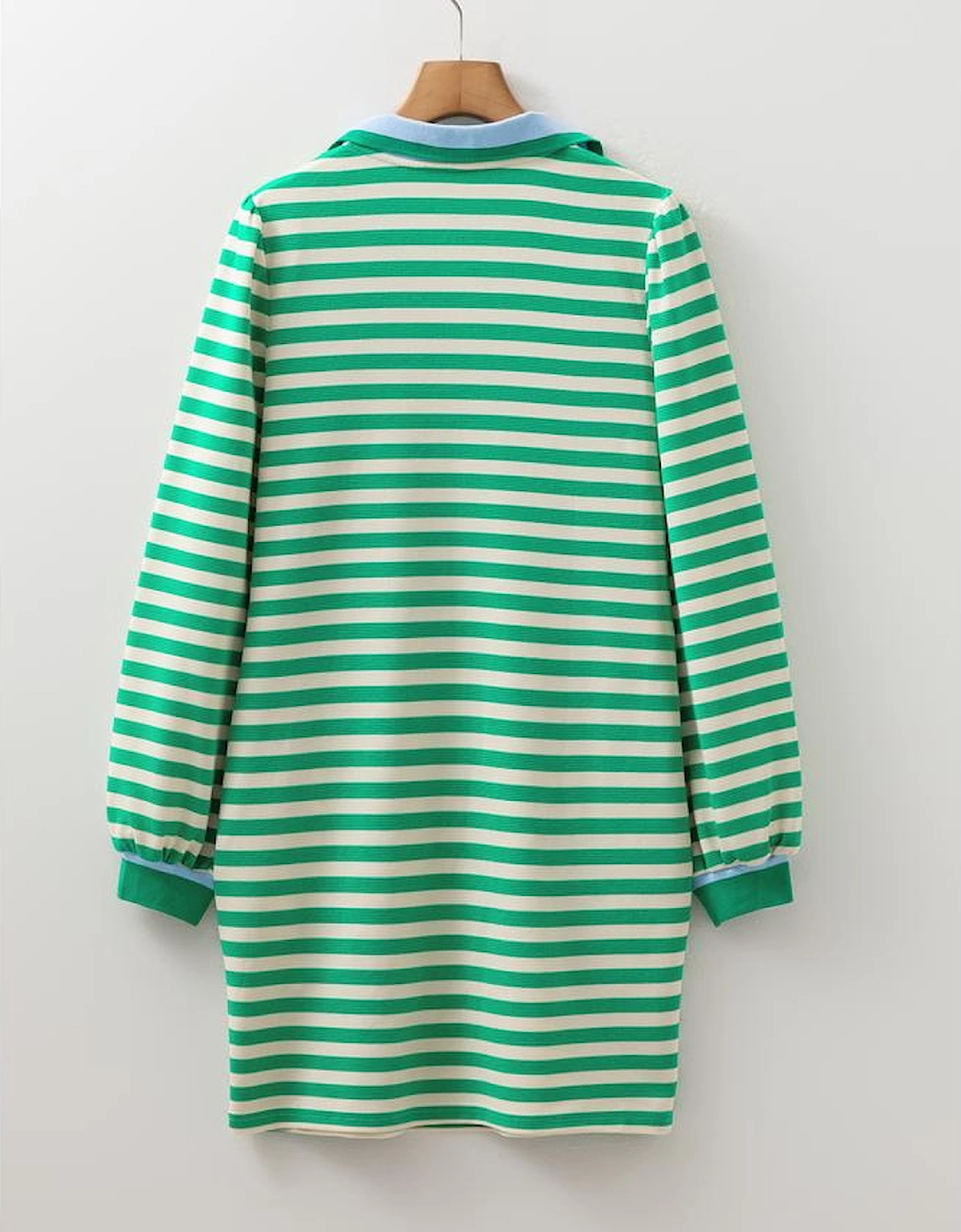 Green Striped Contrast Collar Split Neck Long Sleeve Mini Dress