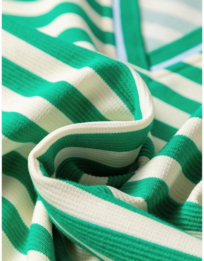 Green Striped Contrast Collar Split Neck Long Sleeve Mini Dress