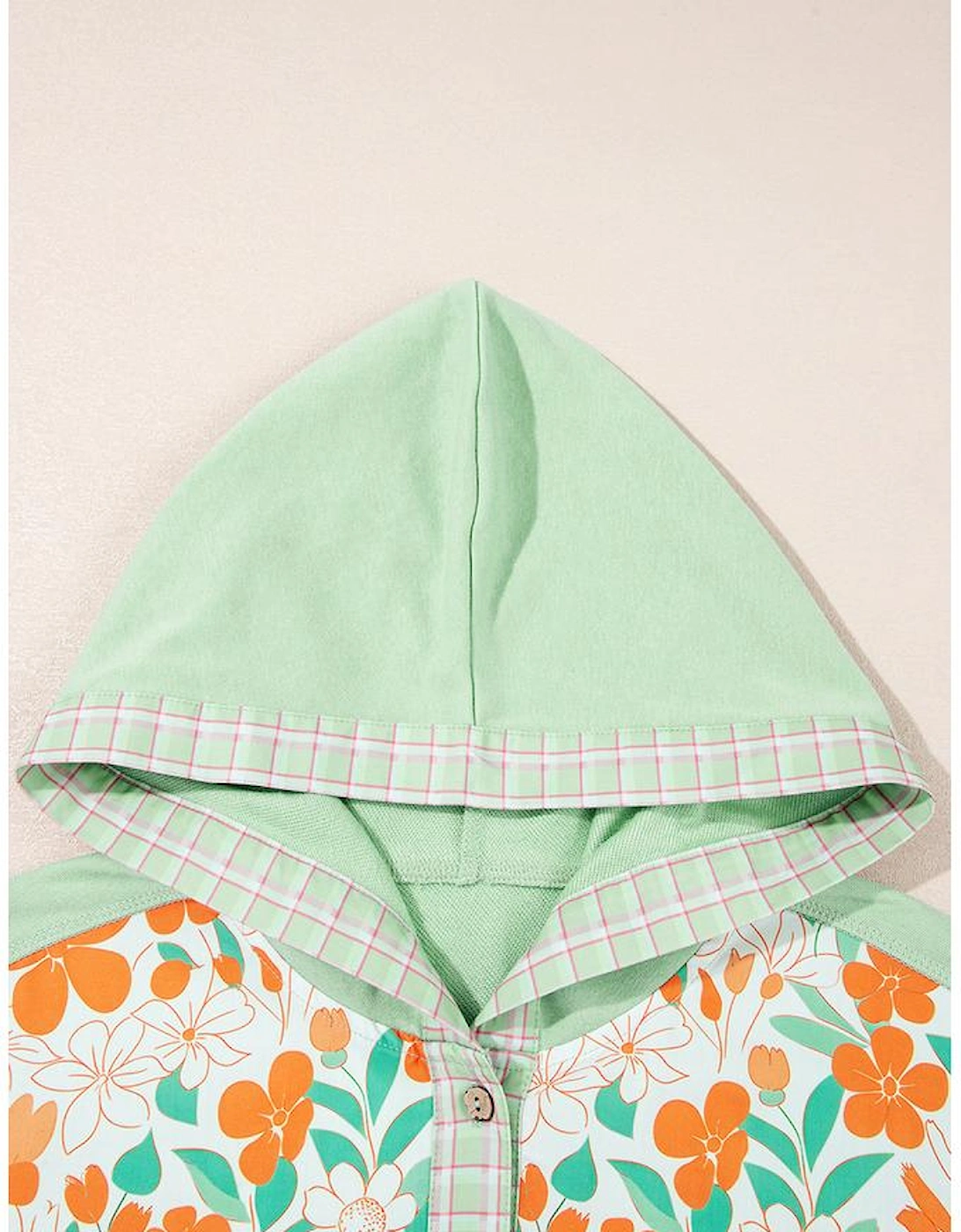 Clearly Aqua Lace Floral Patchwork Half Button Hooded Pullover