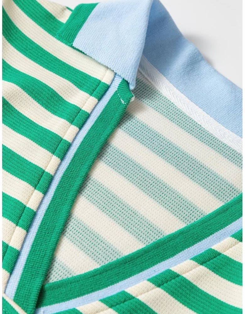 Green Striped Contrast Collar Split Neck Long Sleeve Mini Dress