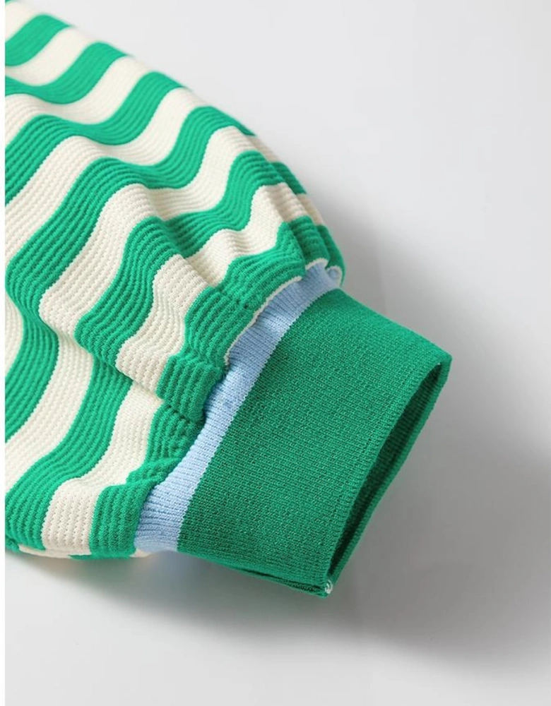 Green Striped Contrast Collar Split Neck Long Sleeve Mini Dress