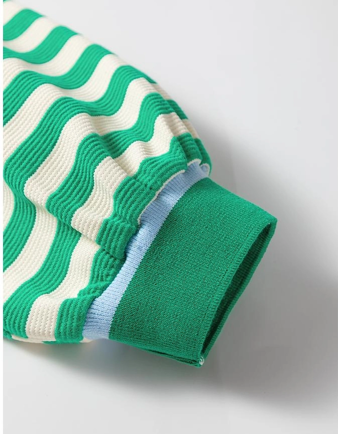 Green Striped Contrast Collar Split Neck Long Sleeve Mini Dress