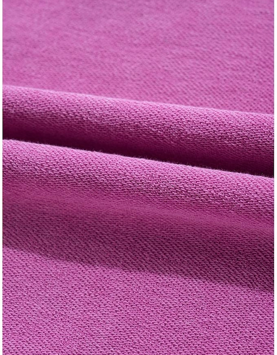 Bright Pink Solid Color Notched Neck Drop Shoulder Sweatshirt