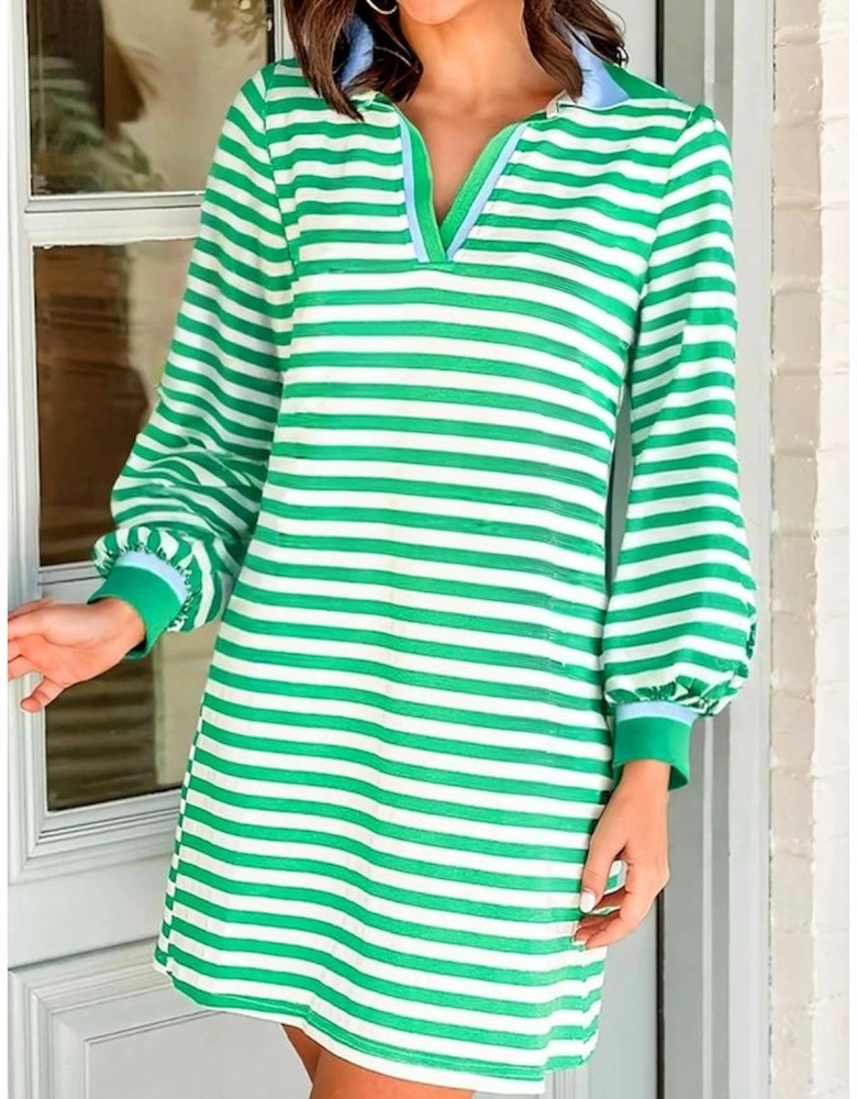 Green Striped Contrast Collar Split Neck Long Sleeve Mini Dress