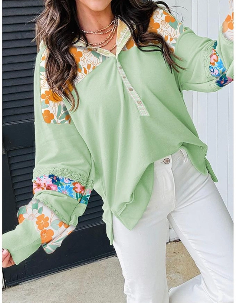 Clearly Aqua Lace Floral Patchwork Half Button Hooded Pullover