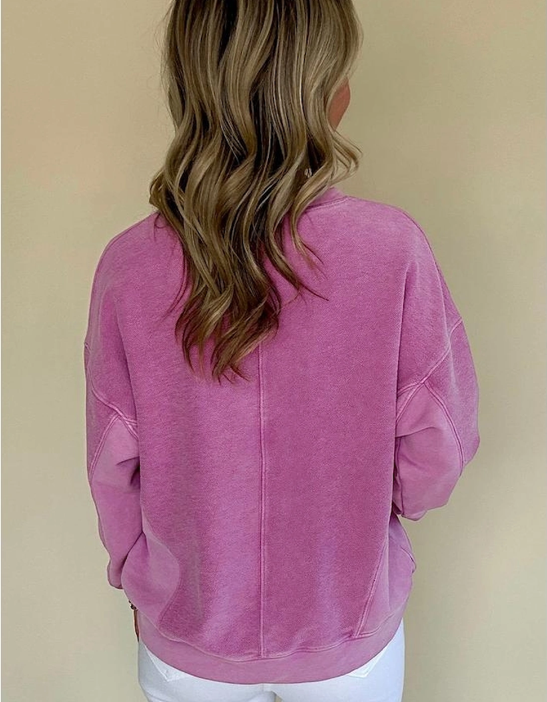Bright Pink Solid Color Notched Neck Drop Shoulder Sweatshirt
