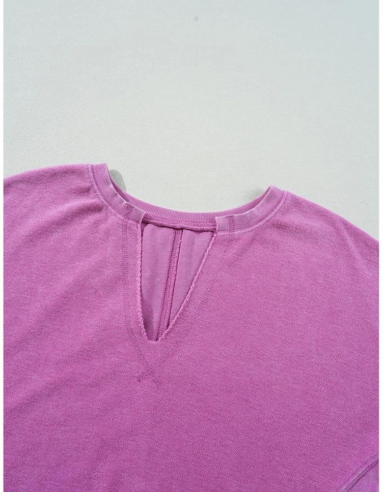 Bright Pink Solid Color Notched Neck Drop Shoulder Sweatshirt