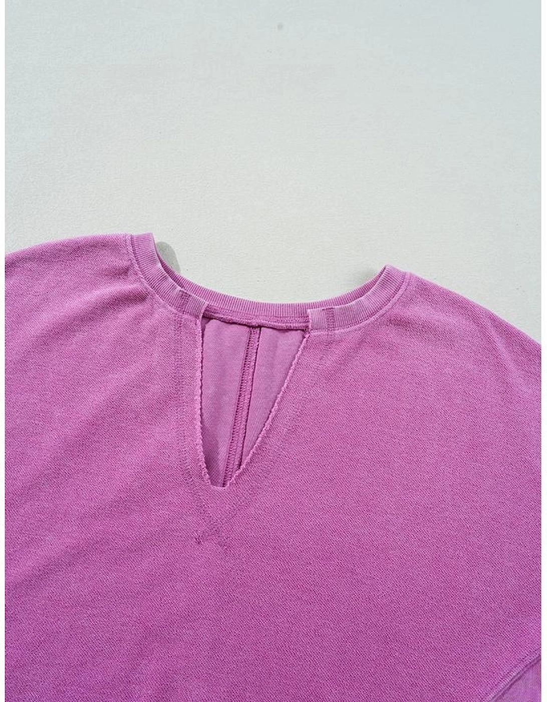 Bright Pink Solid Color Notched Neck Drop Shoulder Sweatshirt