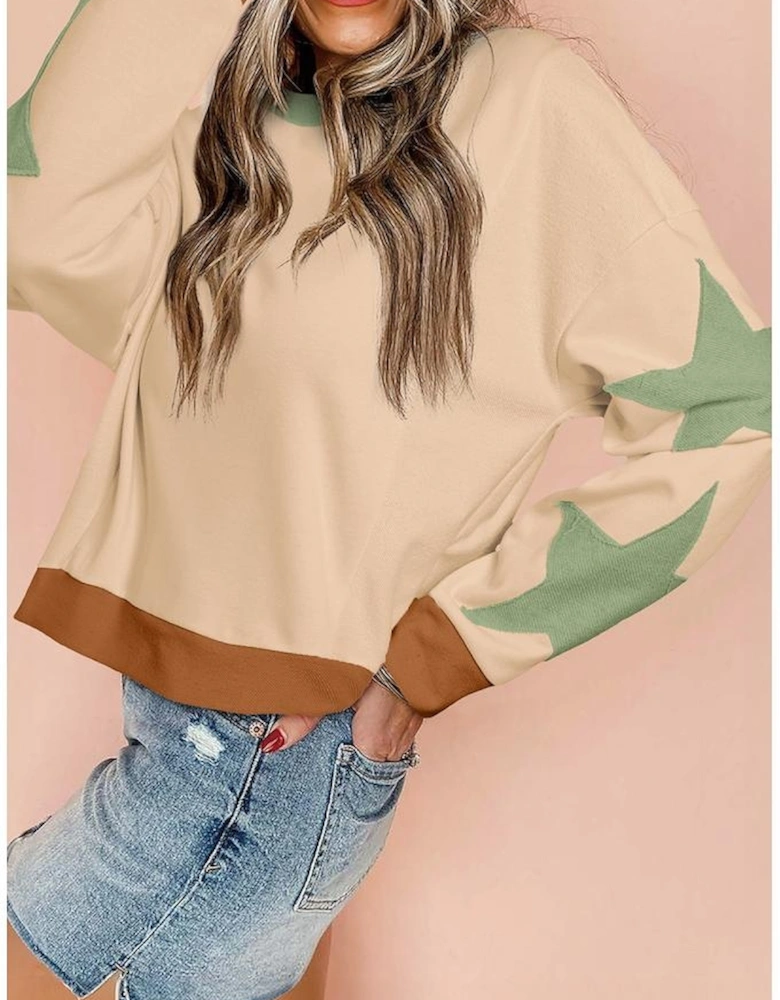 Parchment Star Patchwork Exposed Seam Oversized Sweatshirt
