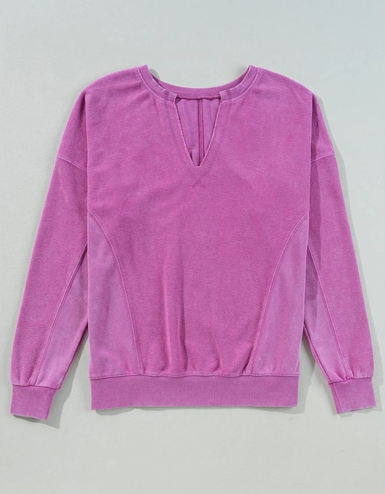 Bright Pink Solid Color Notched Neck Drop Shoulder Sweatshirt