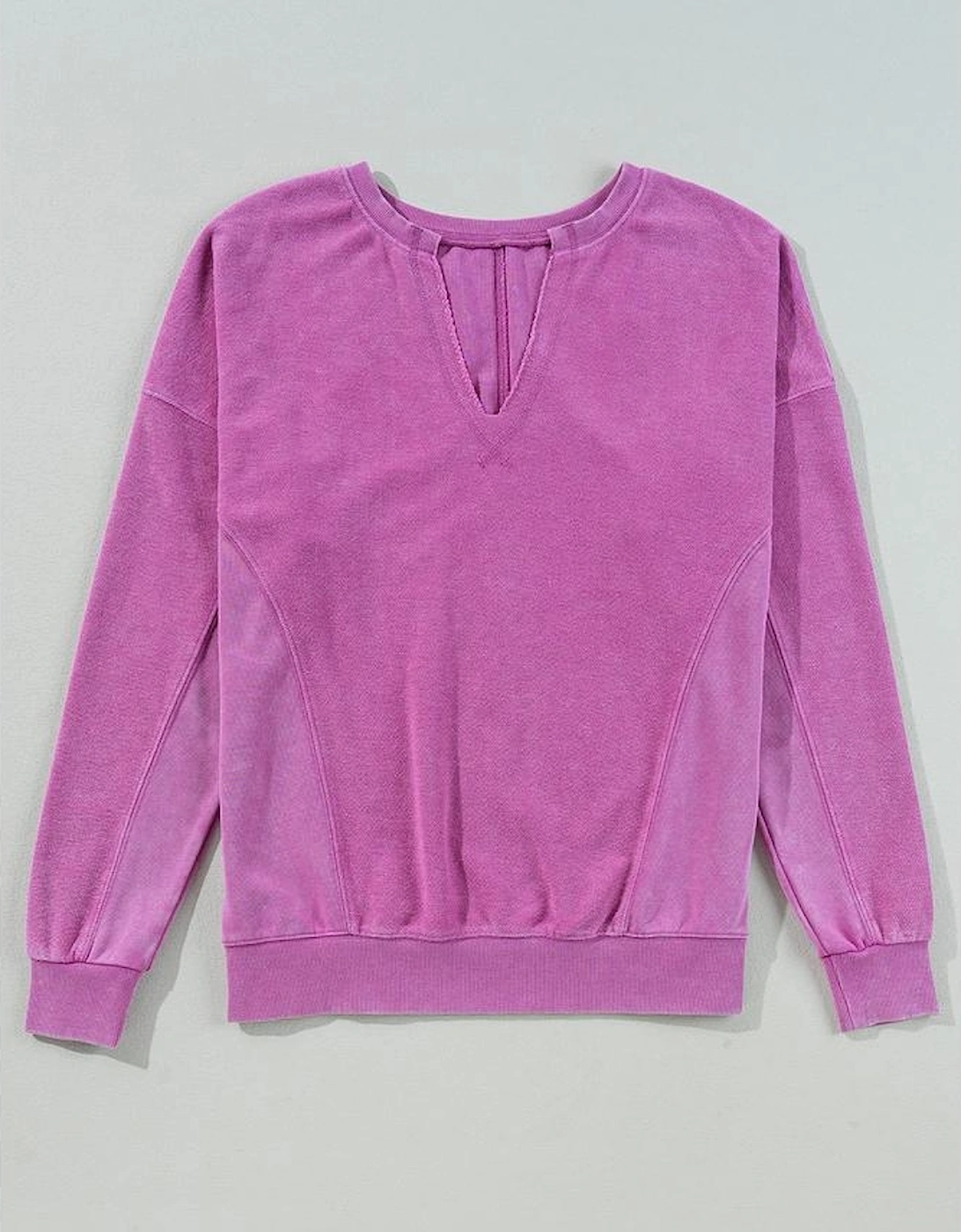 Bright Pink Solid Color Notched Neck Drop Shoulder Sweatshirt