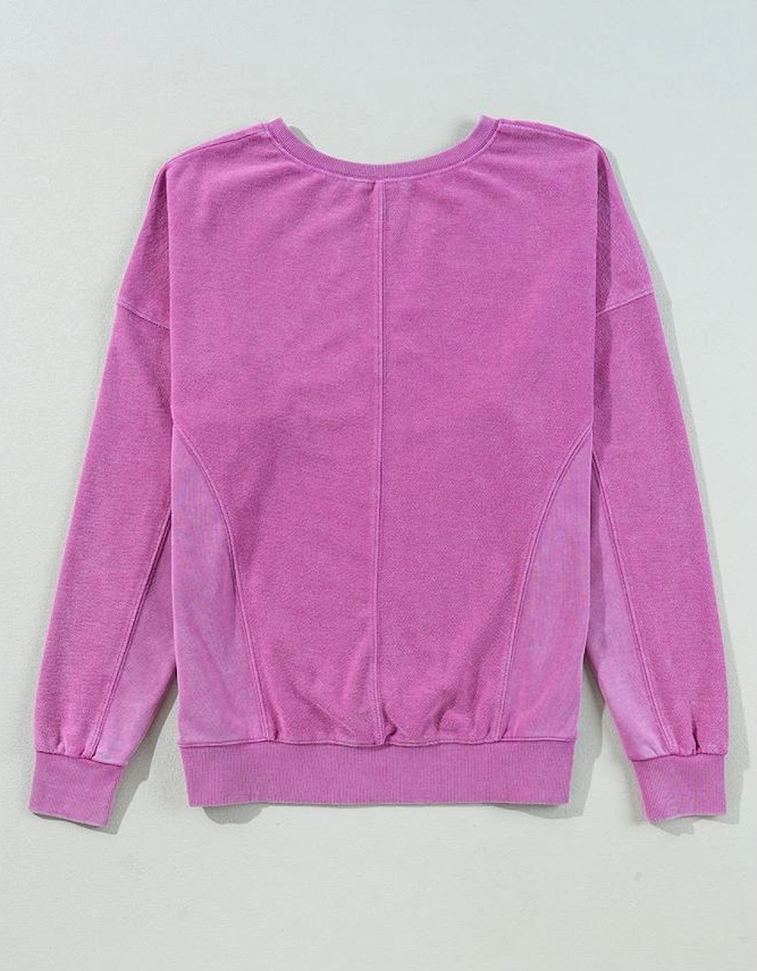 Bright Pink Solid Color Notched Neck Drop Shoulder Sweatshirt
