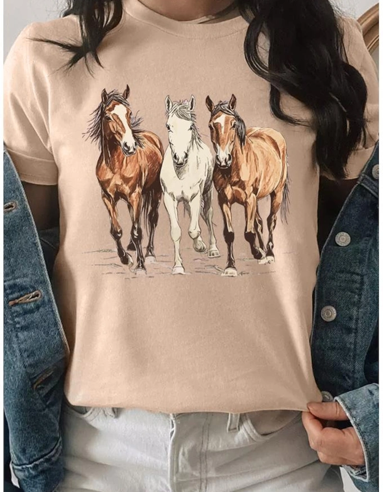 Khaki Gallant Horses Printed Casual T Shirt