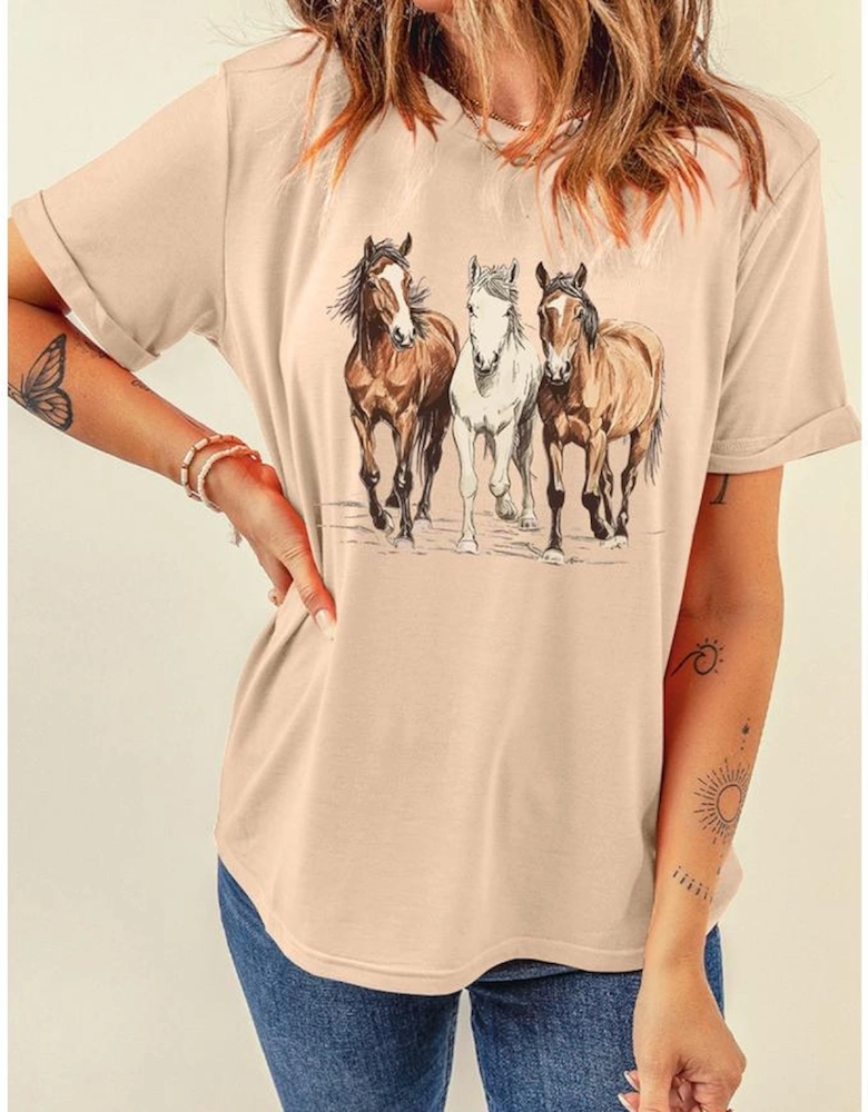 Khaki Gallant Horses Printed Casual T Shirt