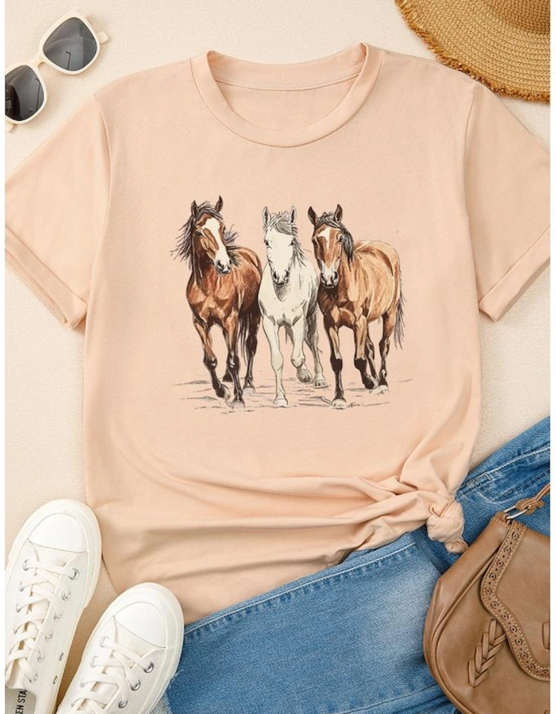 Khaki Gallant Horses Printed Casual T Shirt