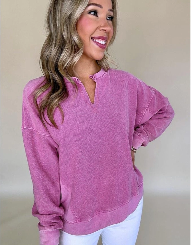 Bright Pink Solid Color Notched Neck Drop Shoulder Sweatshirt