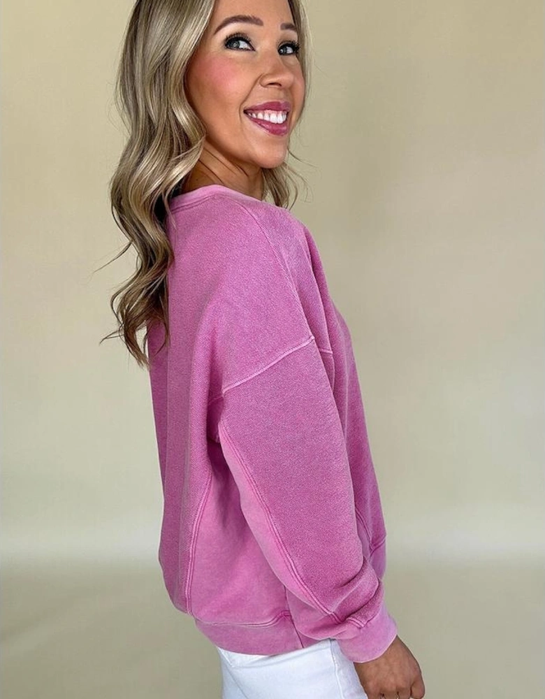 Bright Pink Solid Color Notched Neck Drop Shoulder Sweatshirt