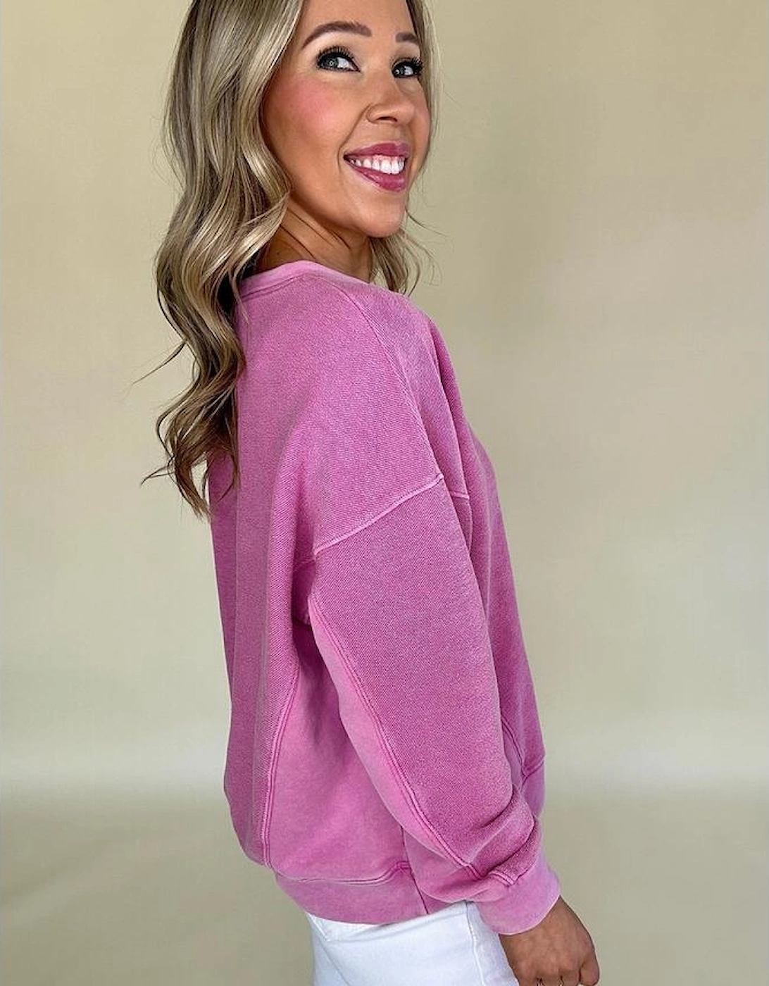 Bright Pink Solid Color Notched Neck Drop Shoulder Sweatshirt