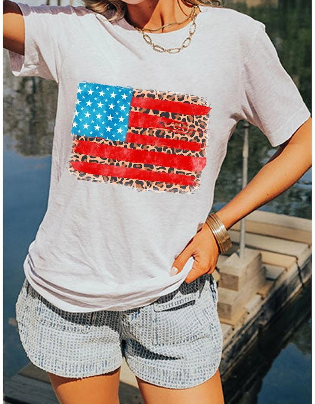 White Leopard Insert American Flag Pattern Cotton Blend T Shirt, 8 of 7
