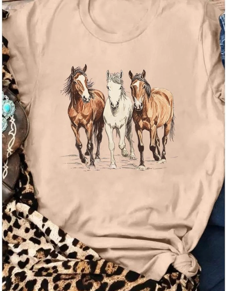 Khaki Gallant Horses Printed Casual T Shirt