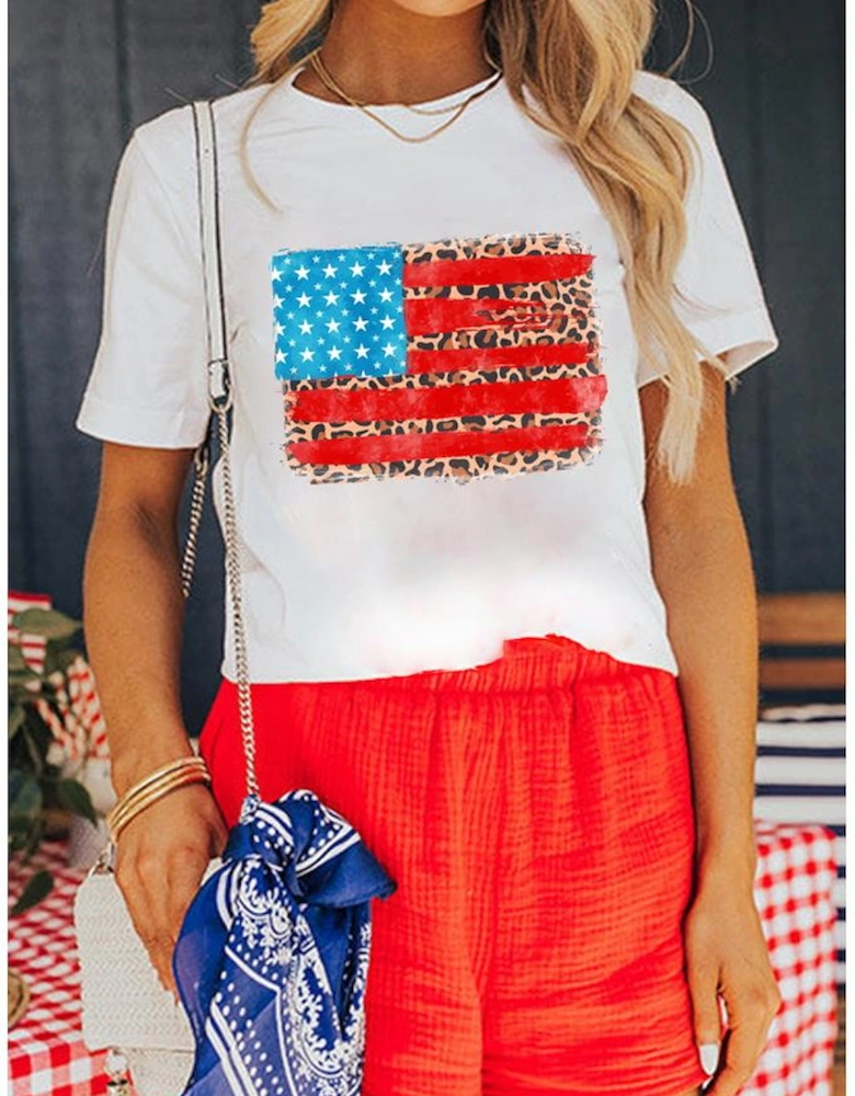 White Leopard Insert American Flag Pattern Cotton Blend T Shirt