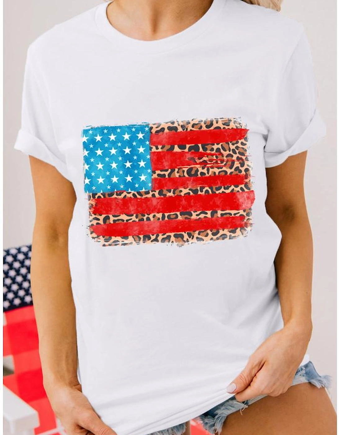White Leopard Insert American Flag Pattern Cotton Blend T Shirt