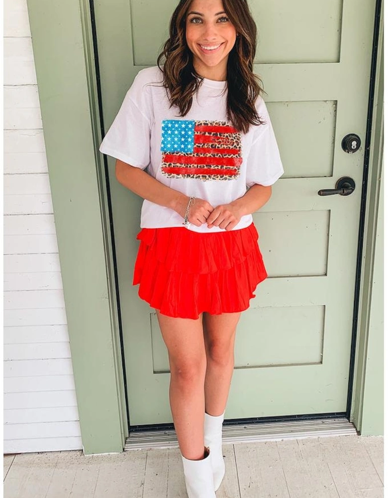 White Leopard Insert American Flag Pattern Cotton Blend T Shirt