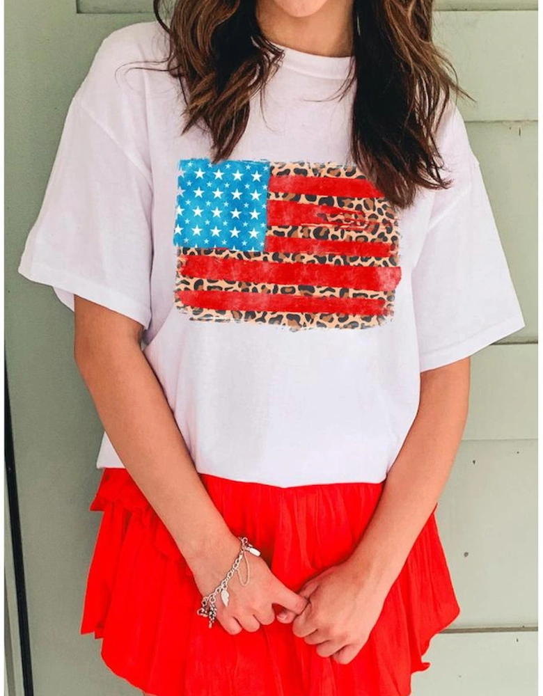 White Leopard Insert American Flag Pattern Cotton Blend T Shirt