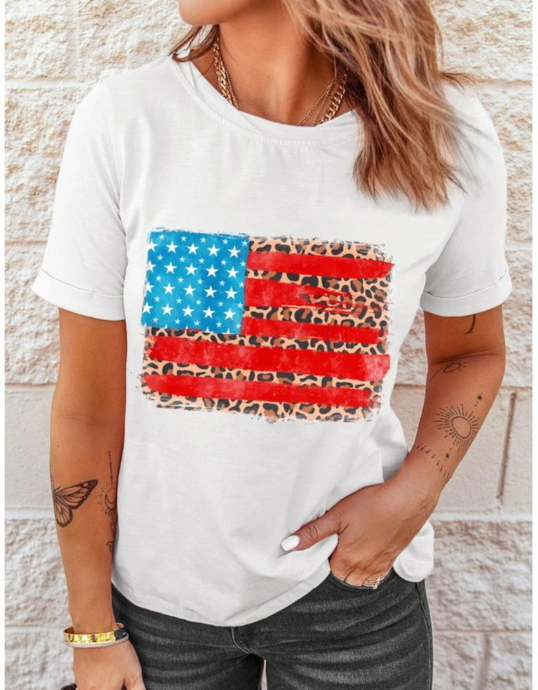 White Leopard Insert American Flag Pattern Cotton Blend T Shirt
