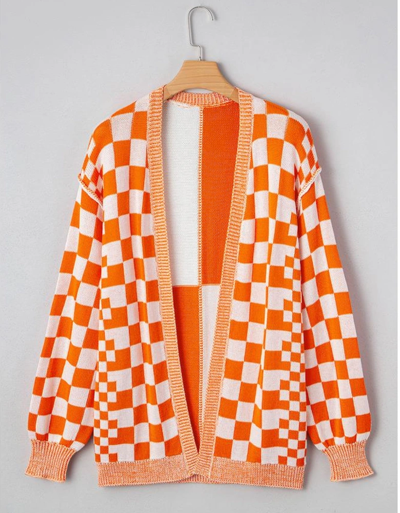 Orange Checkered Open Front Drop Shoulder Cardigan