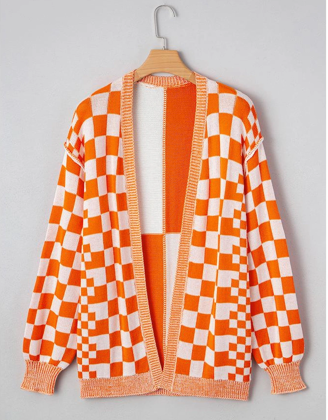 Orange Checkered Open Front Drop Shoulder Cardigan
