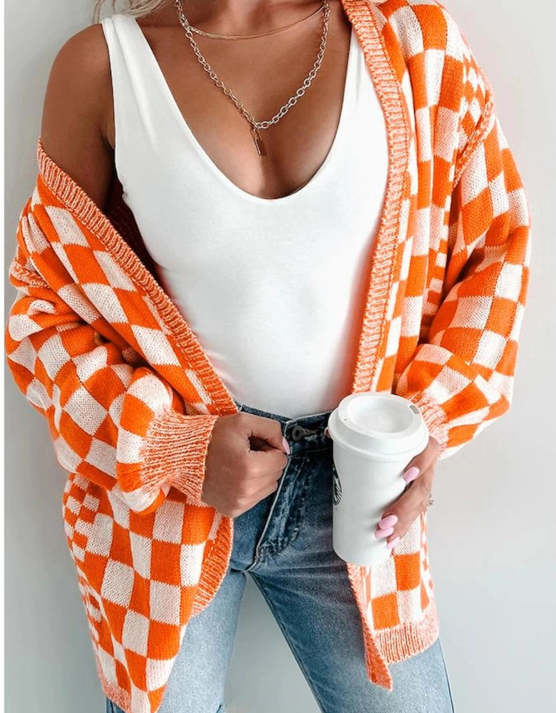 Orange Checkered Open Front Drop Shoulder Cardigan
