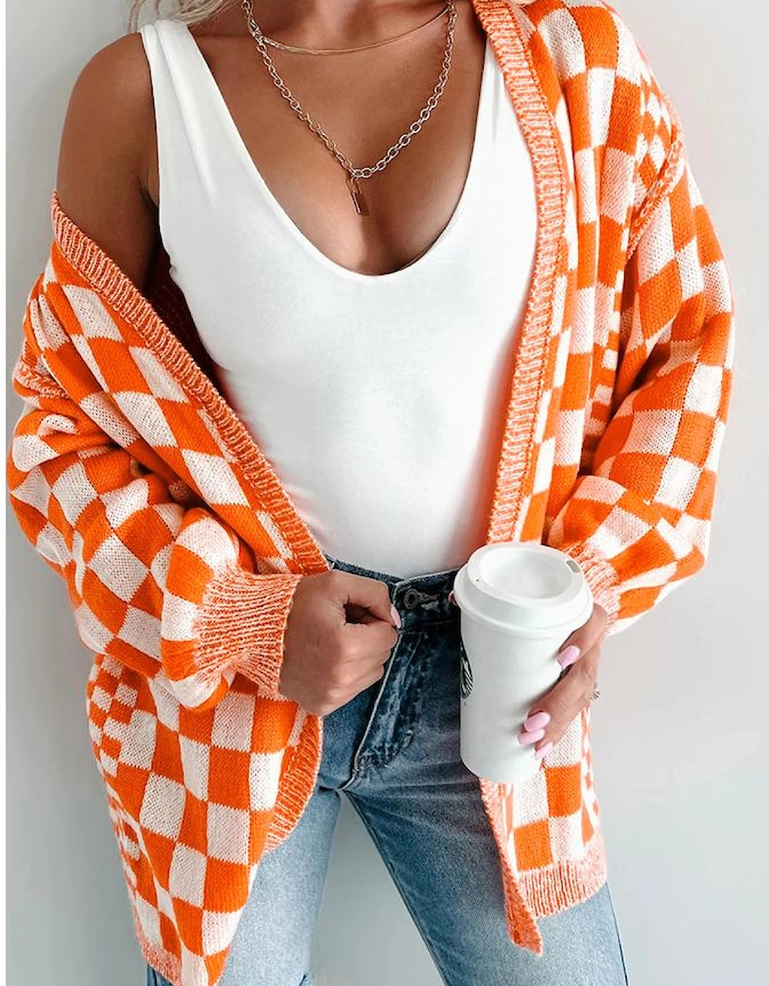 Orange Checkered Open Front Drop Shoulder Cardigan