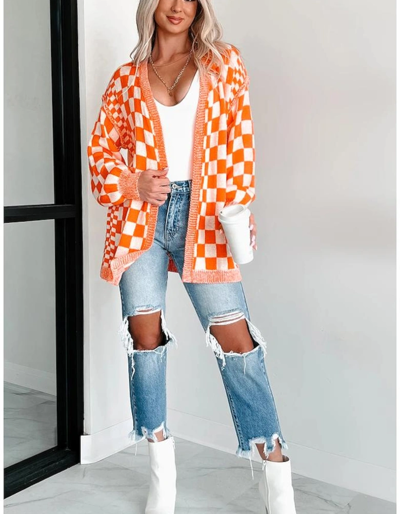 Orange Checkered Open Front Drop Shoulder Cardigan