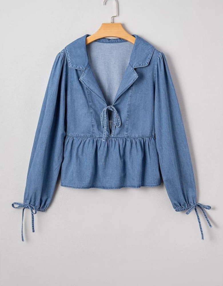 Dusk Blue Denim Lapel Neck Balloon Sleeve Tied Peplum Top