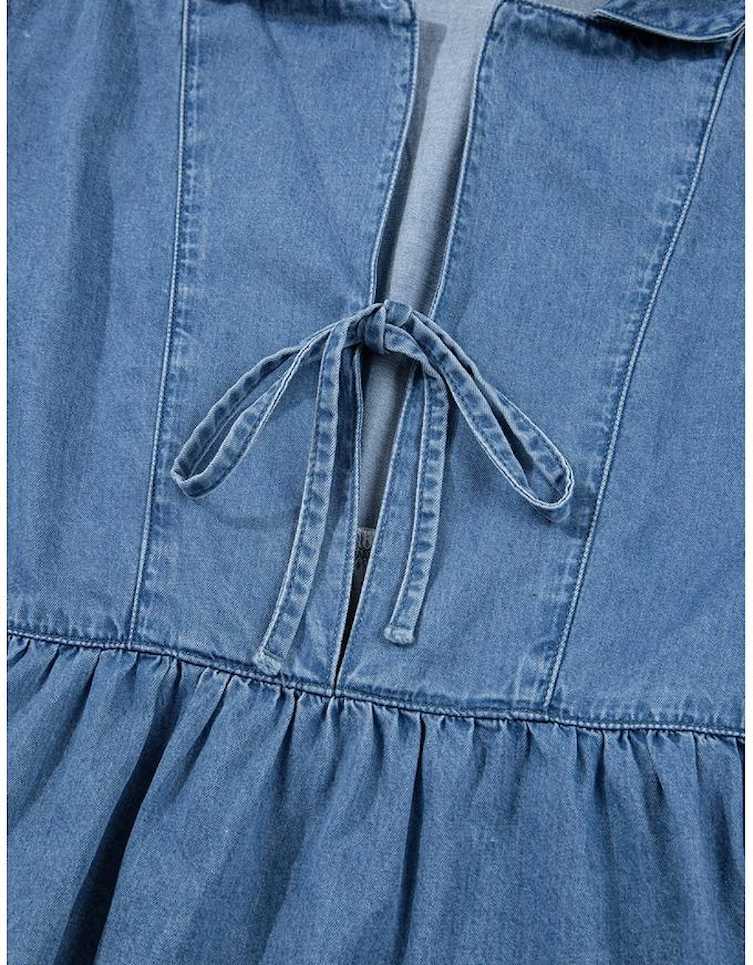 Dusk Blue Denim Lapel Neck Balloon Sleeve Tied Peplum Top