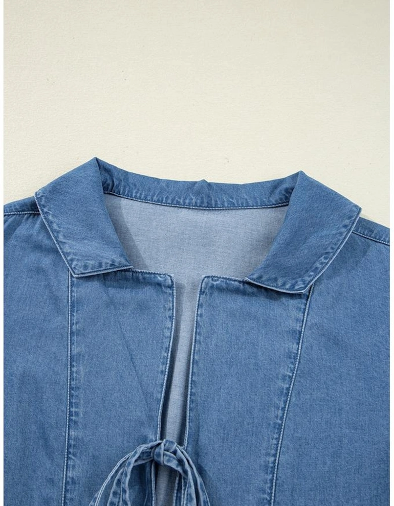 Dusk Blue Denim Lapel Neck Balloon Sleeve Tied Peplum Top