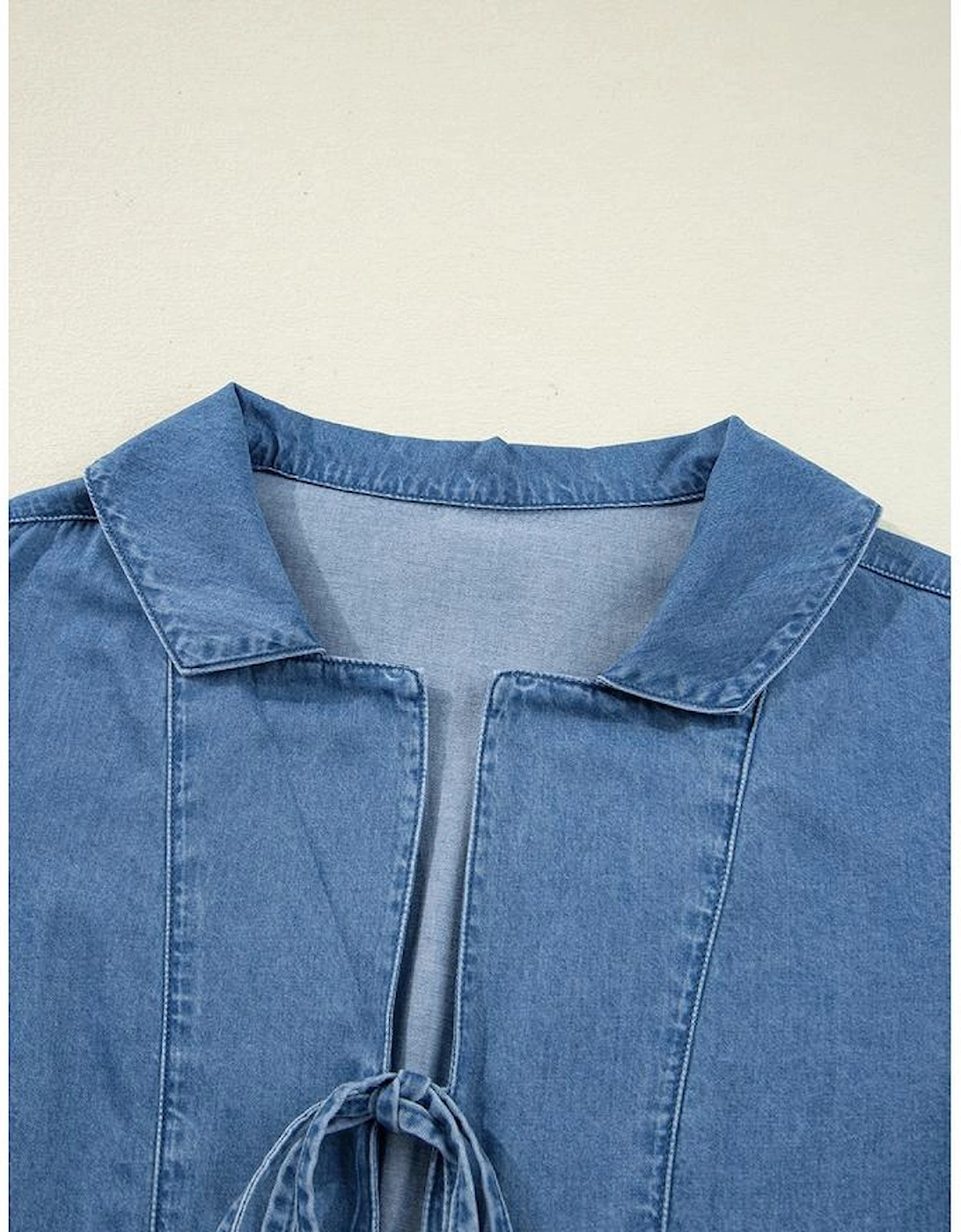Dusk Blue Denim Lapel Neck Balloon Sleeve Tied Peplum Top