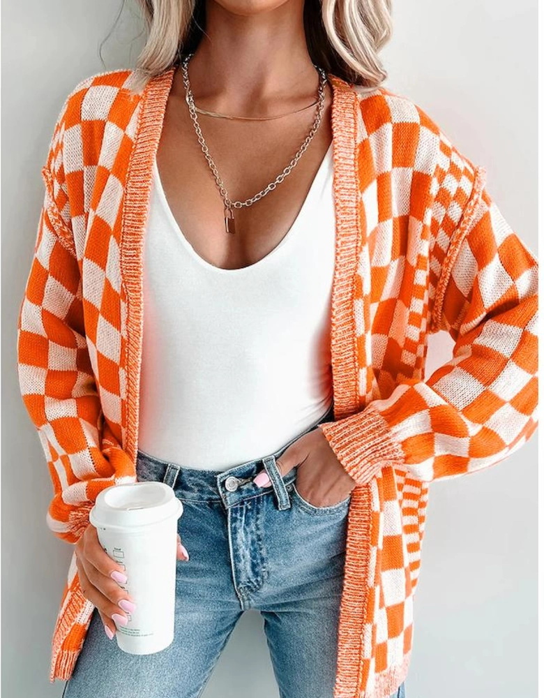Orange Checkered Open Front Drop Shoulder Cardigan