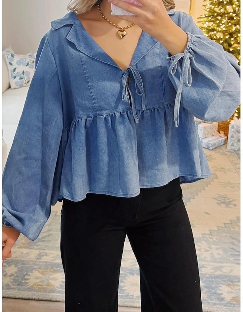 Dusk Blue Denim Lapel Neck Balloon Sleeve Tied Peplum Top