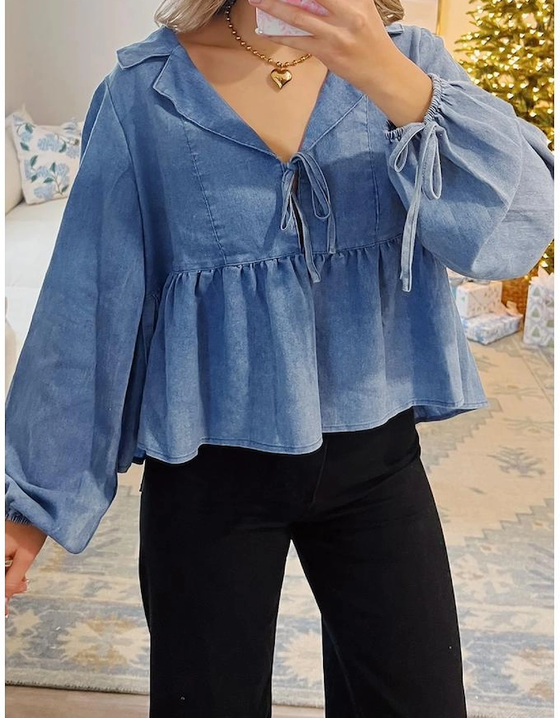 Dusk Blue Denim Lapel Neck Balloon Sleeve Tied Peplum Top