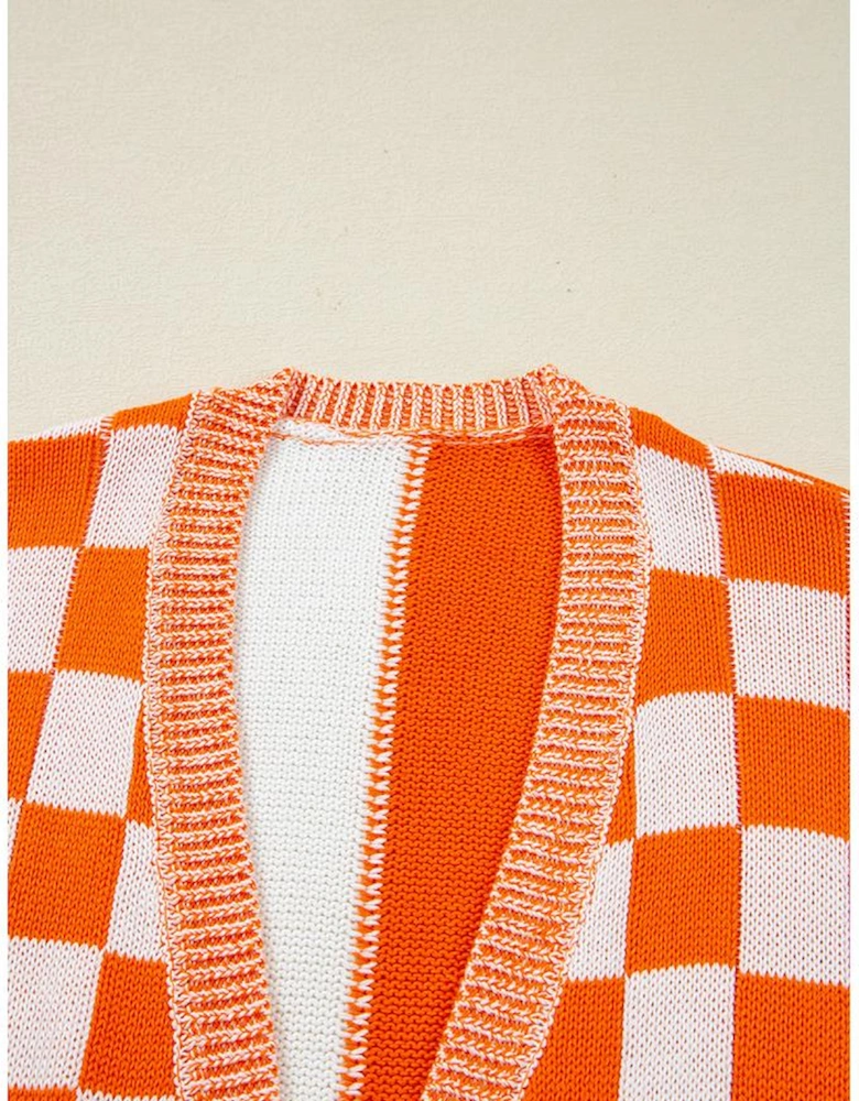 Orange Checkered Open Front Drop Shoulder Cardigan