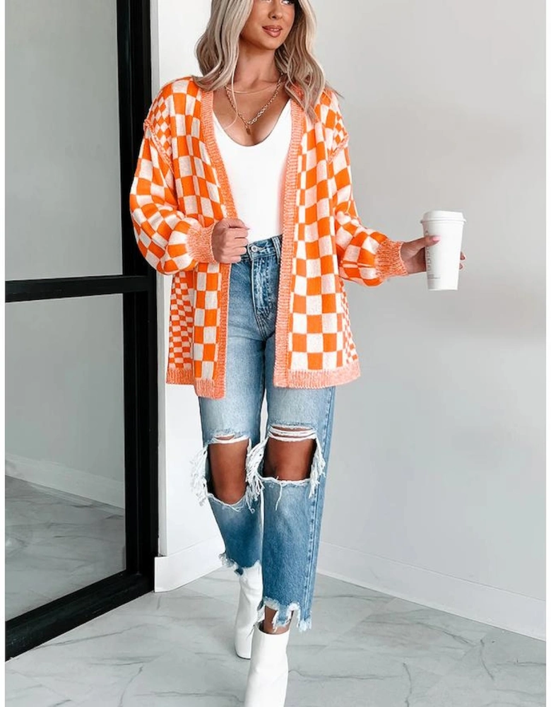 Orange Checkered Open Front Drop Shoulder Cardigan