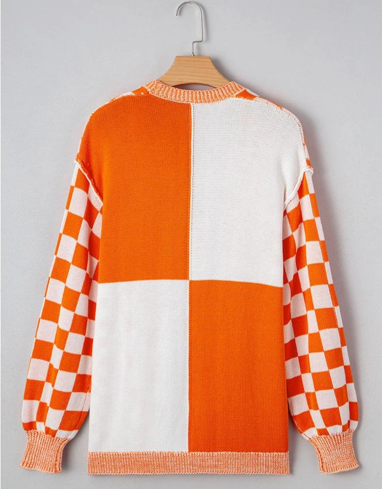 Orange Checkered Open Front Drop Shoulder Cardigan